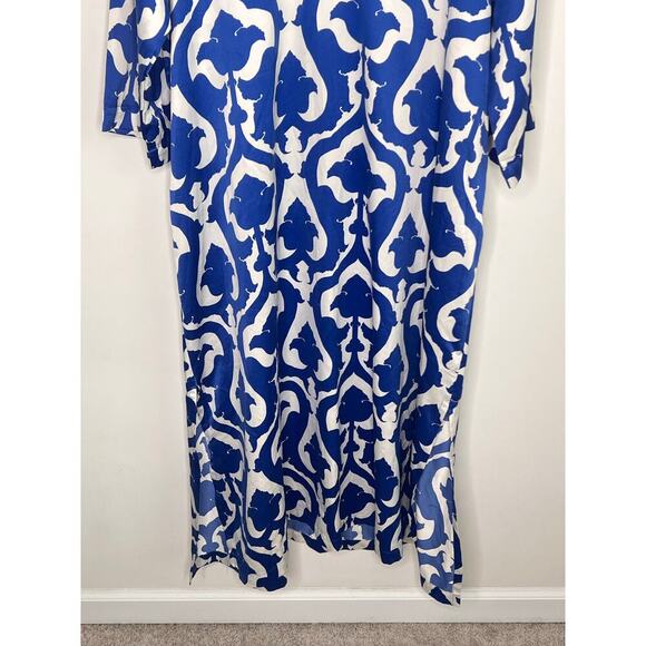Natori Floral Bishop Sleeve V-Neck Robe Maxi Dress Blue/White Women's Size XL - Picture 3 of 11
